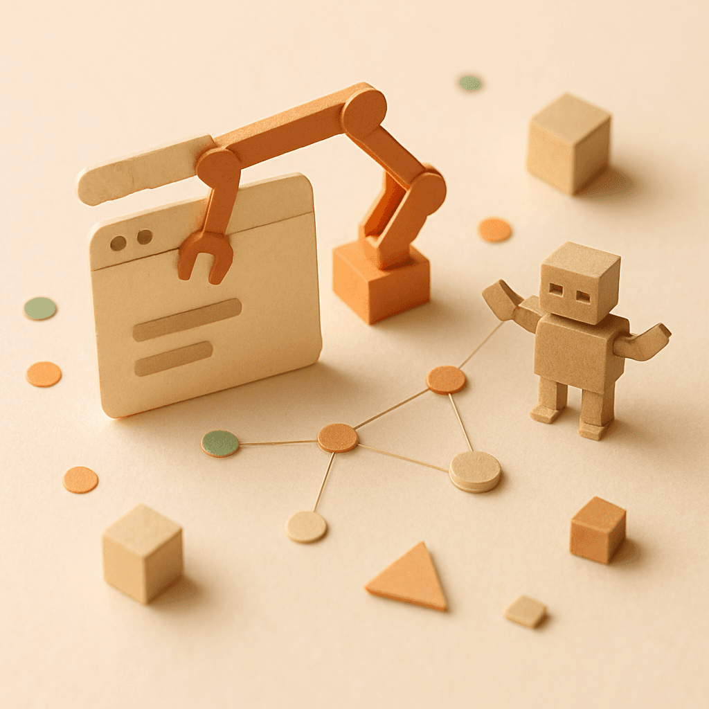 AIがブラウザを自動操作する仕組みを表したミニチュア紙工作のジオラマ
