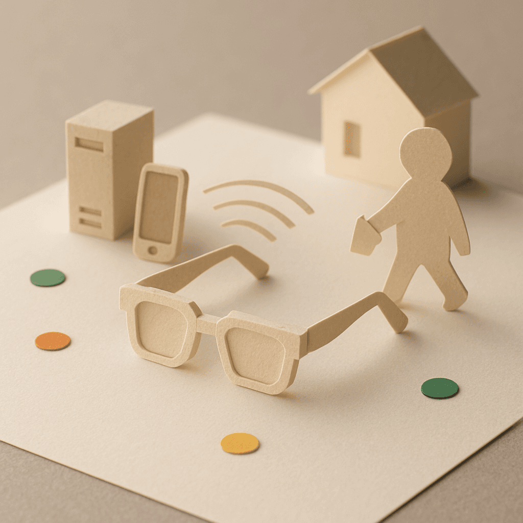 スマートグラスとスマホをつなぐミニチュア紙工作のジオラマ、AI持ち出し時代を表現