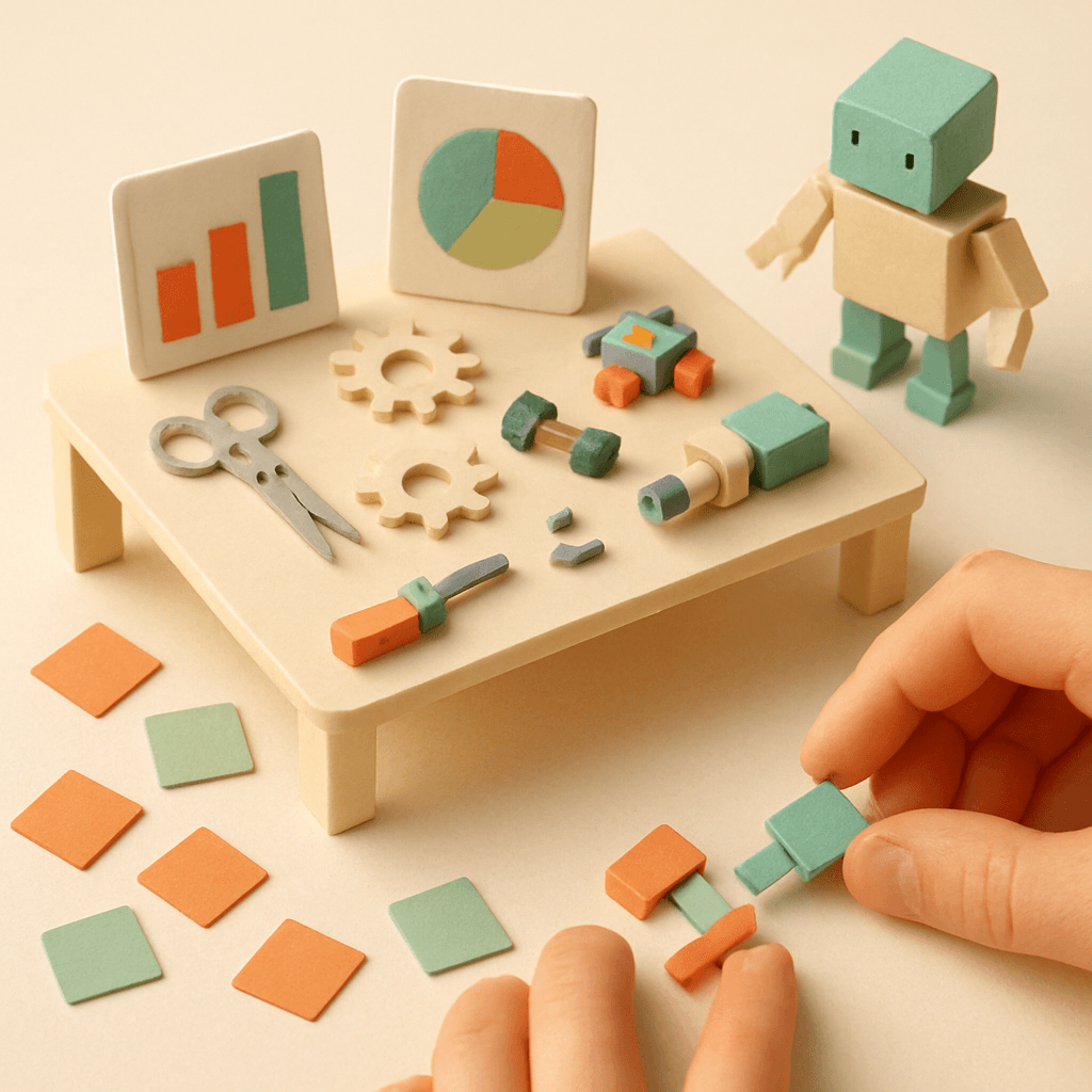 AIで自作ツールを組み立てる紙工作ジオラマ、カスタムアプリ開発のイメージ