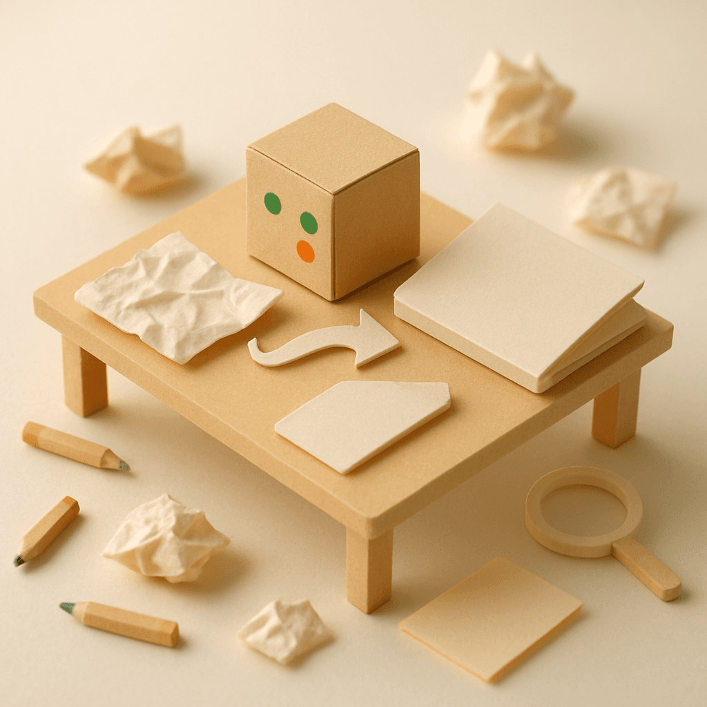 手描きラフからAIが清書する制作フローをミニチュア紙工作で表現