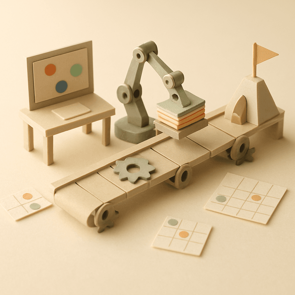 AI販促ツールの企画から本番公開までを表すミニチュア紙工作の自動化ラインのジオラマ