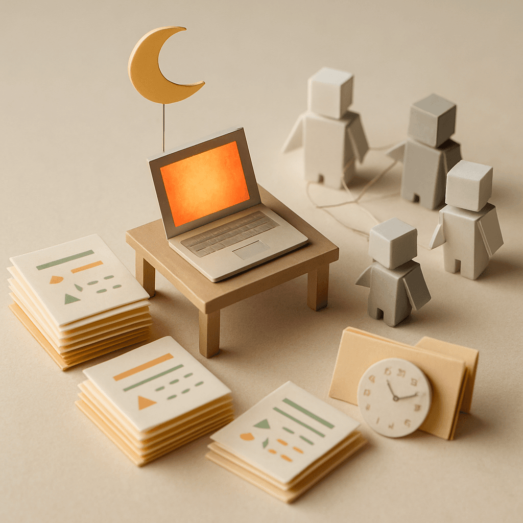 夜間にAIが自動で企画書を作成するミニチュア紙工作ジオラマ