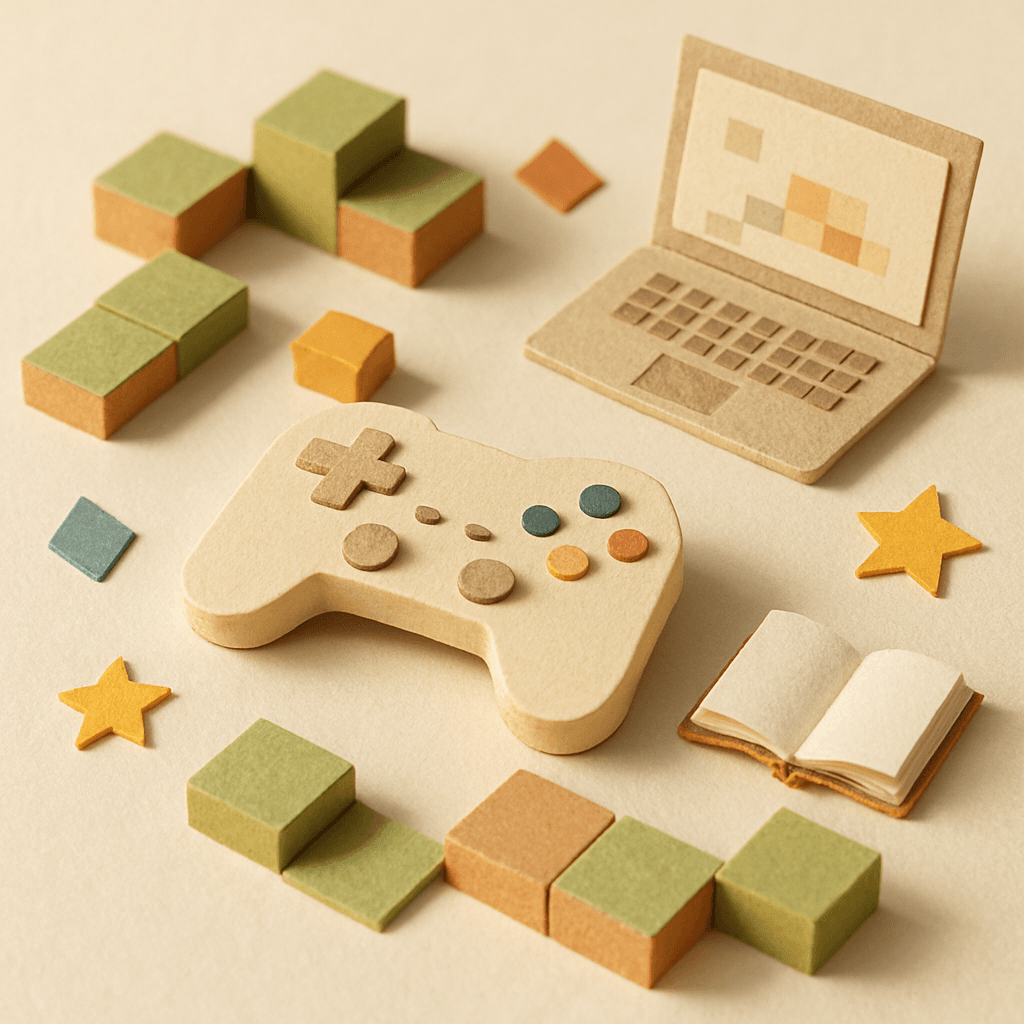 紙工作で作られたゲームコントローラーとゲーム制作ツールのミニチュアジオラマ