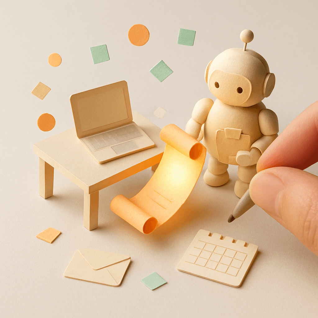 ミニチュア紙工作:小さなデスクに置かれたノートとロボット秘書が一行設定で繋がる場面