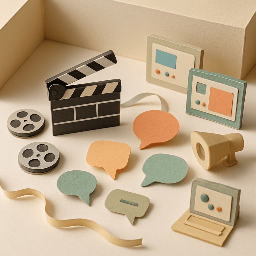 会話で動画を生成するAIを表したミニチュア紙工作のジオラマ