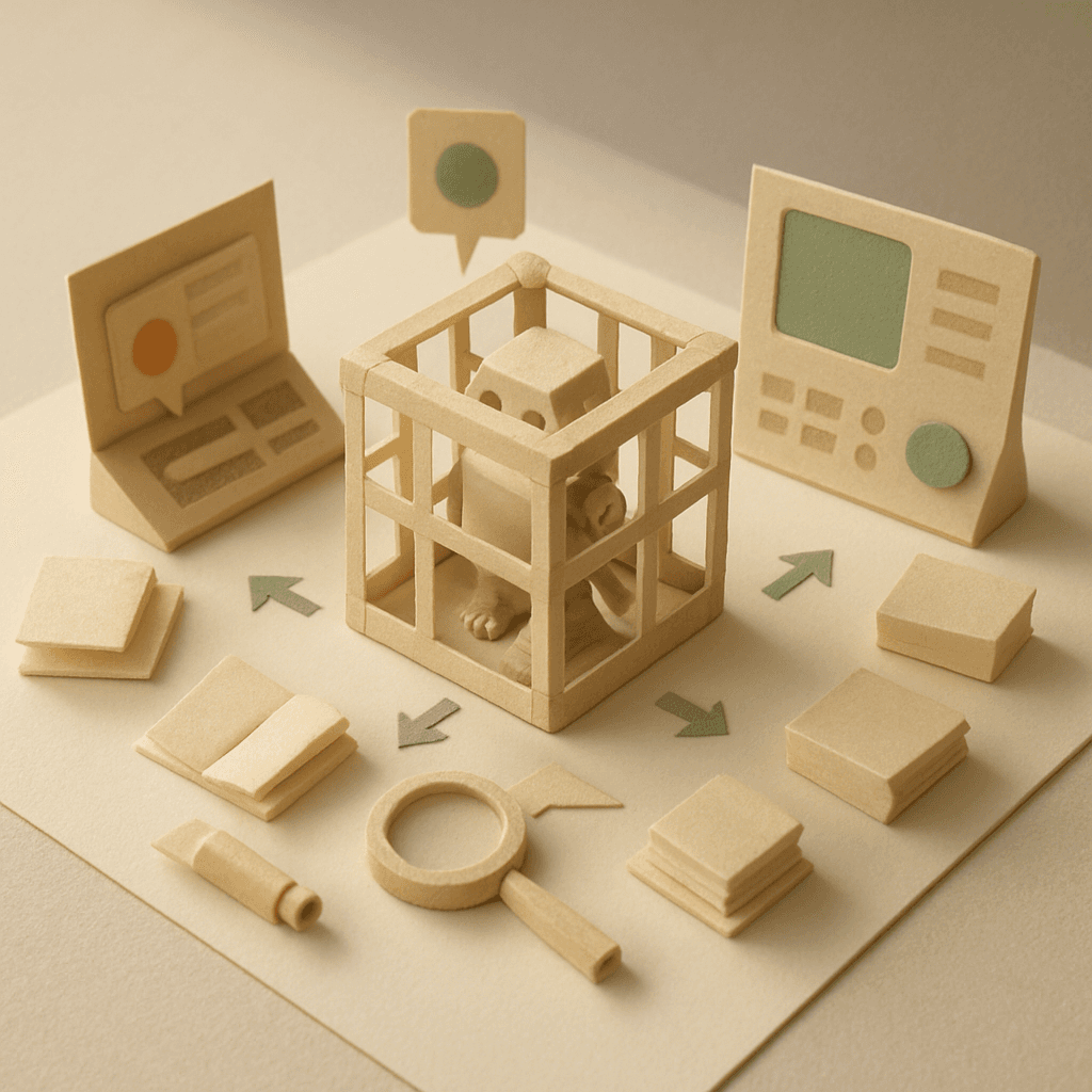AIの制御フレームワークを表すミニチュア紙工作のジオラマ。紙製の格子構造に囲まれた小さなロボットと研究書類