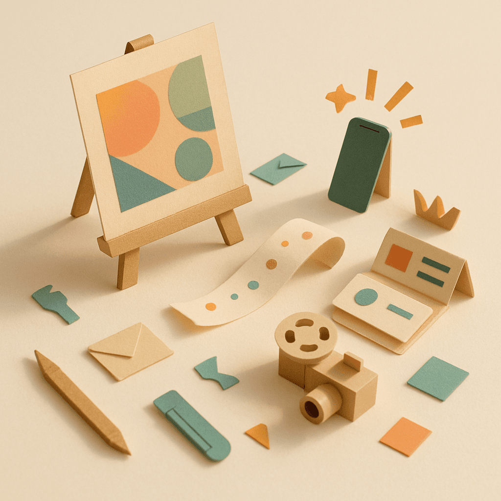 AIイラストと動画制作を表すミニチュア紙工作のジオラマ