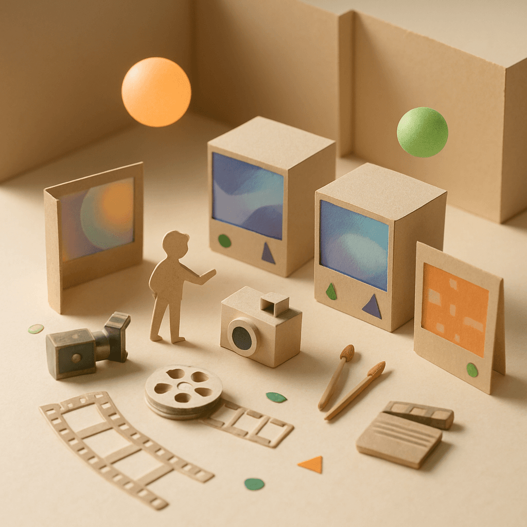AIで画像や動画を個人制作する時代を表すミニチュア紙工作のジオラマ