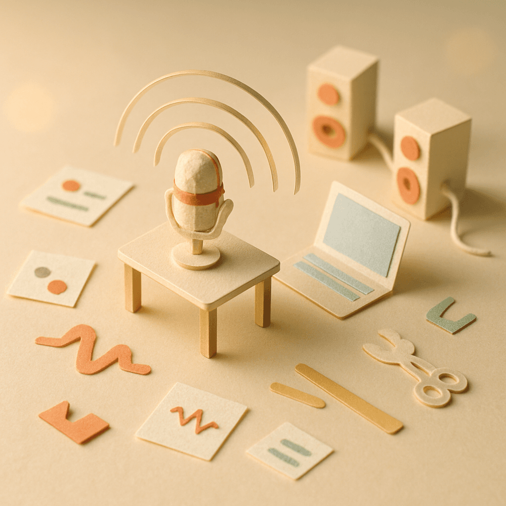 AI音声合成ツールをイメージしたミニチュア紙工作のジオラマ。マイクや音波が紙で表現されている。