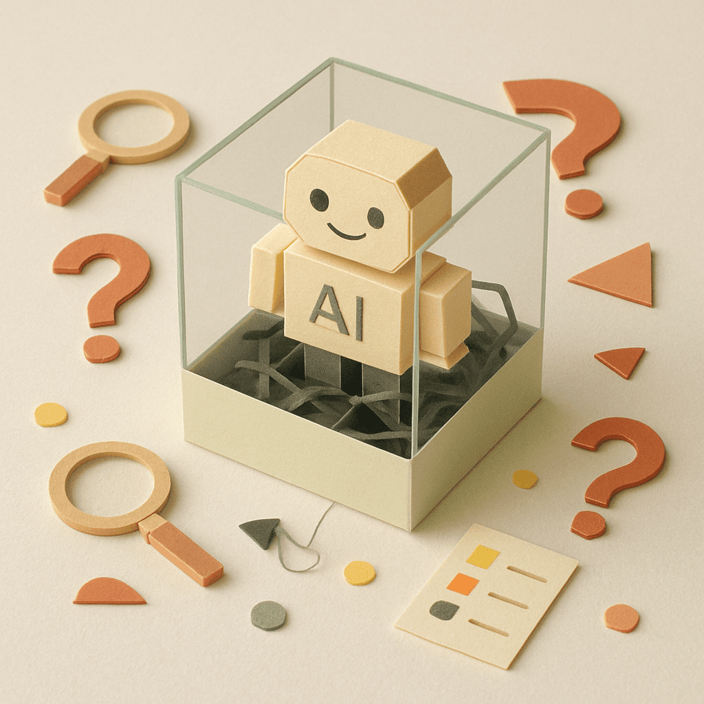 透明な箱の中に隠れた複雑さを示すミニチュア紙工作のAI安全審査ジオラマ