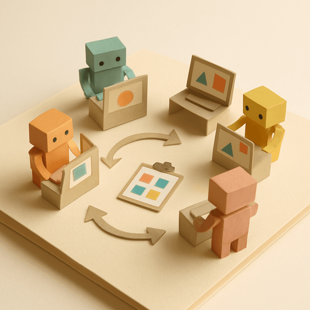 4つの異なる色のペーパークラフト人形が各作業台で役割分担する複数AI活用のミニチュアジオラマ